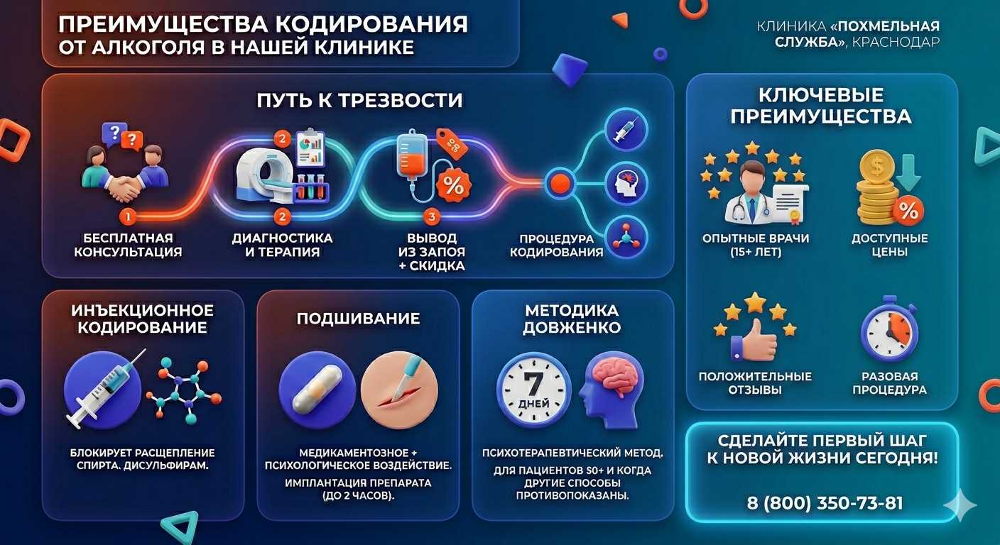 Инфографика о методах кодирования от алкоголя в Троицке: инъекции, подшивание, метод Довженко. Преимущества клиники и этапы лечения.
