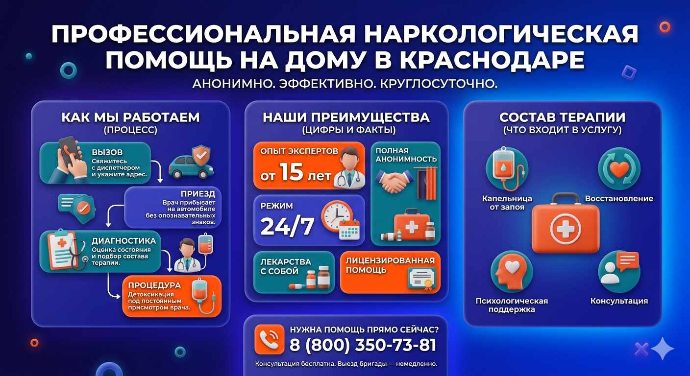 Инфографика о принципах лечения алкоголизма на дому в Троицке: этапы вызова нарколога, преимущества анонимной детоксикации и состав медицинской помощи.